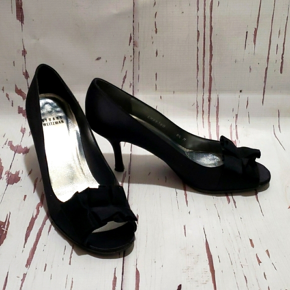Stuart Weitzman black satin open open toe with ruffle bow high heels size 8.5 - Picture 1 of 8